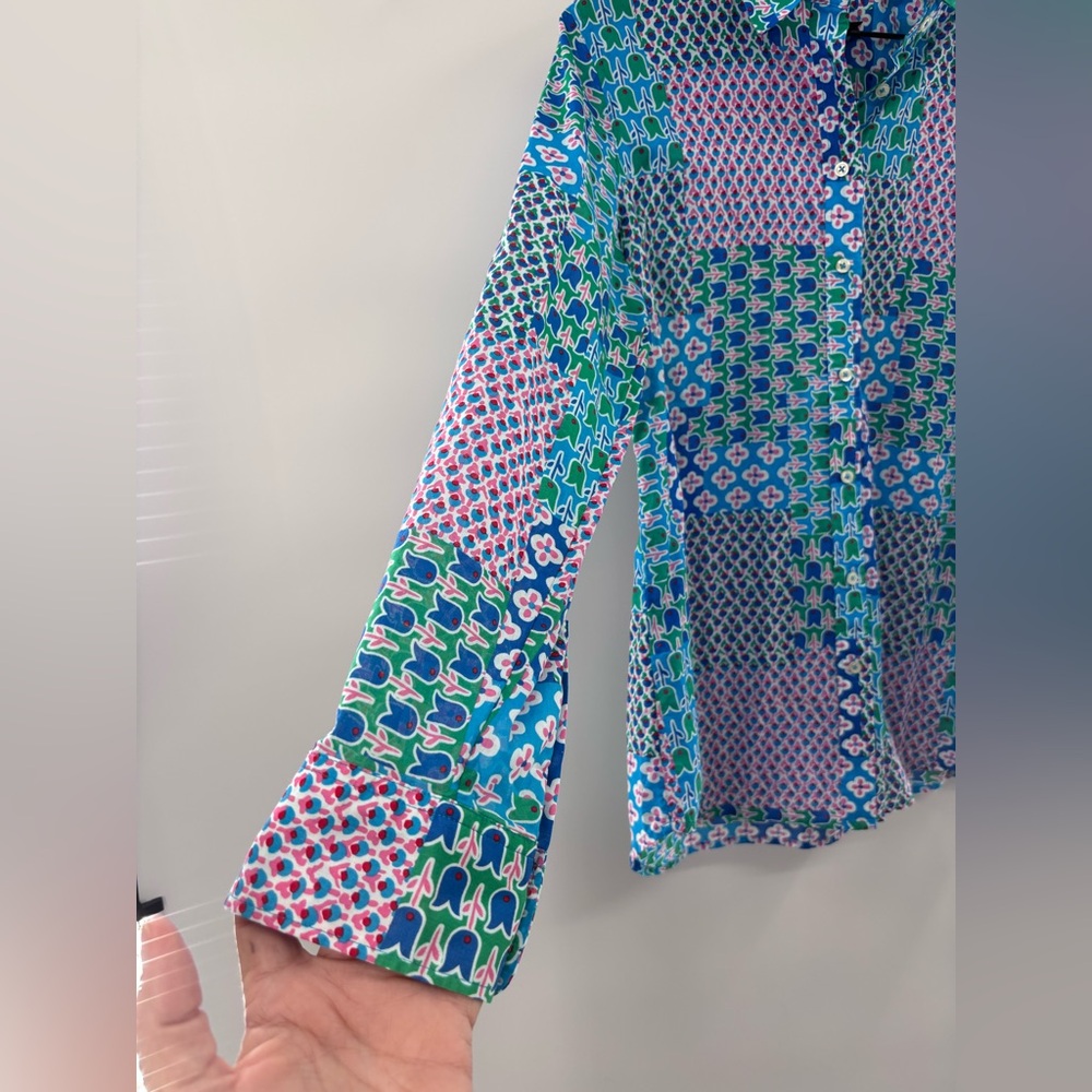 Talbots Blue and Green Patchwork Patterned Button… - image 6